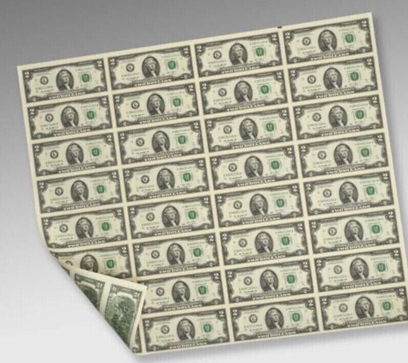 $2 Two Dollar Bills Uncut Currency Sheet of 32 Notes 2013 Dallas Texas - $64