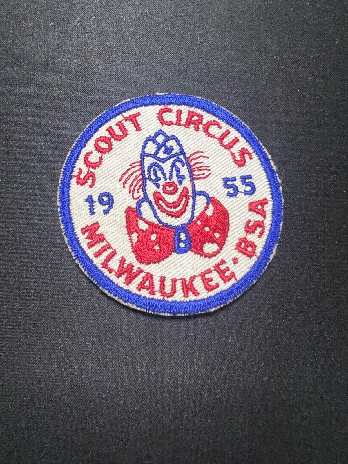1955 Boy Scouts Scout Circus Milwaukee BSA Clown Patch Round Red White Blue