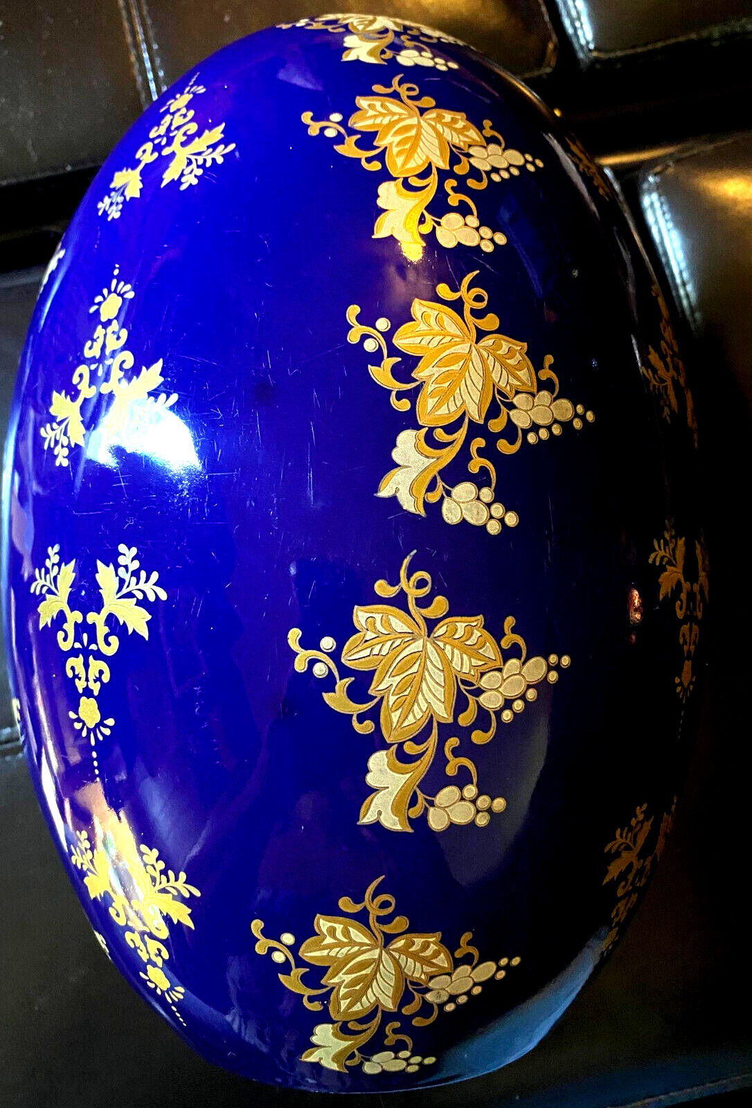 Vintage Limoges Porcelain Decorative Egg Cobalt Blue Gold Decorated 12” Tall