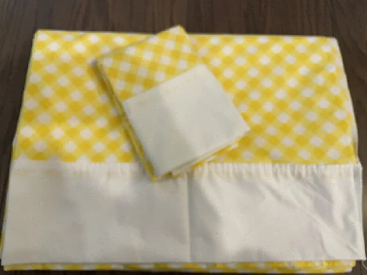 VTG Springmaid WONDERCALE Yellow Trellis Plaid Twin Flat Sheet & Pillowcase 70s
