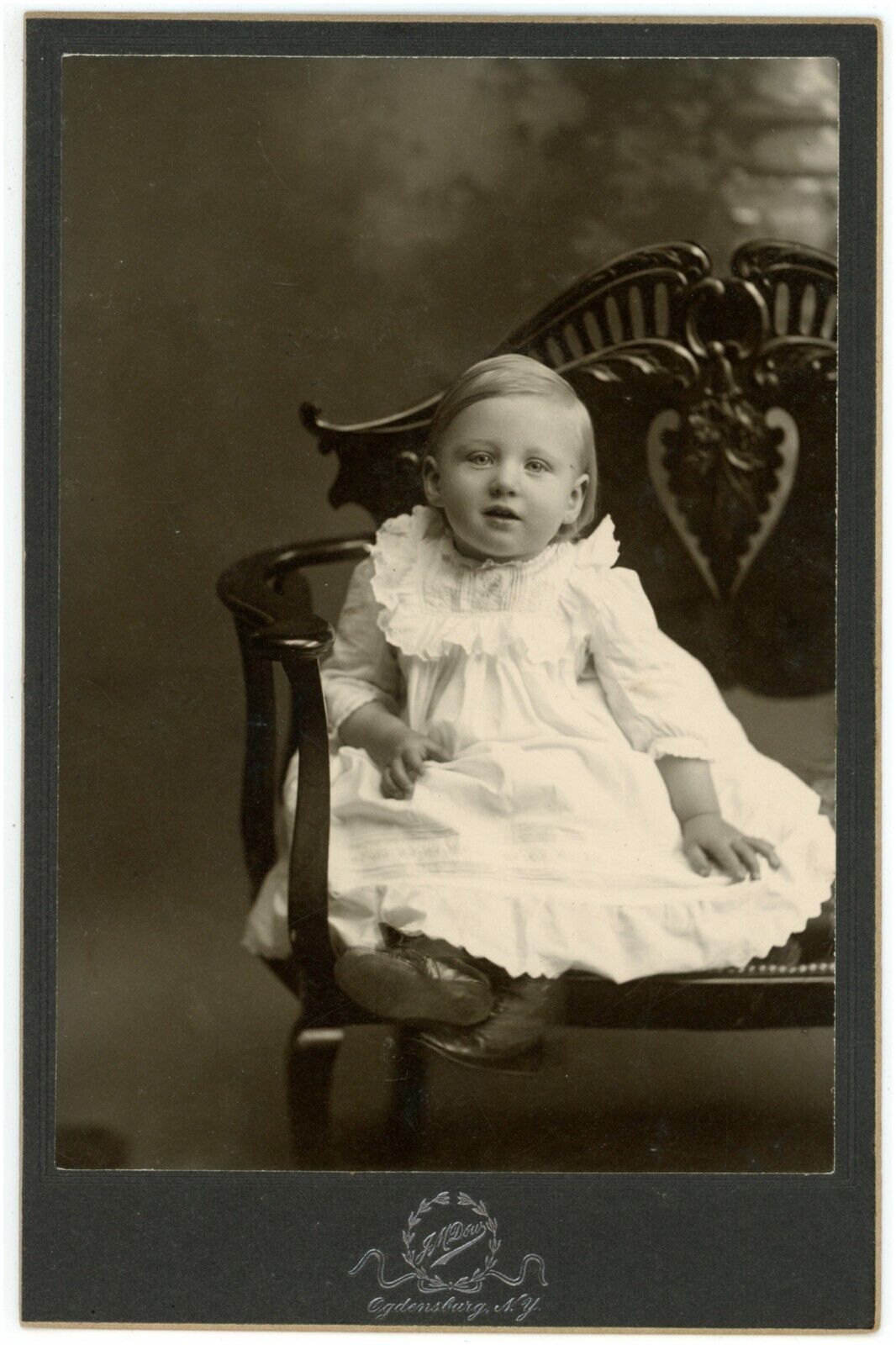 Circa 1889s Cabinet Card Dow Adorable Little Girl Sitting In Chair Ogdensburg NY