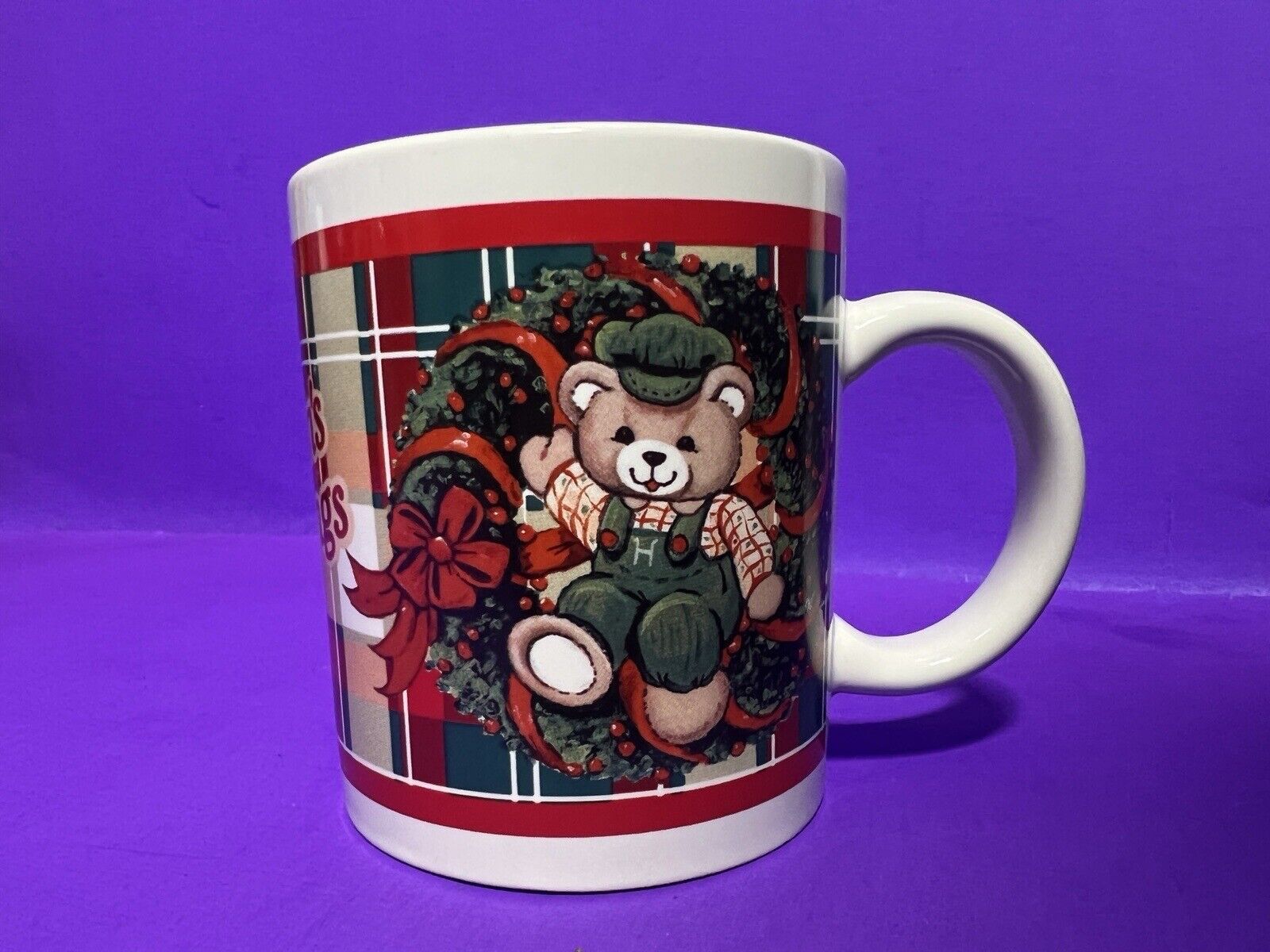 VTG TB TRADING Co PLAID CHRISTMAS MUG Teddy Bears “Seasons Greetings” Vintage