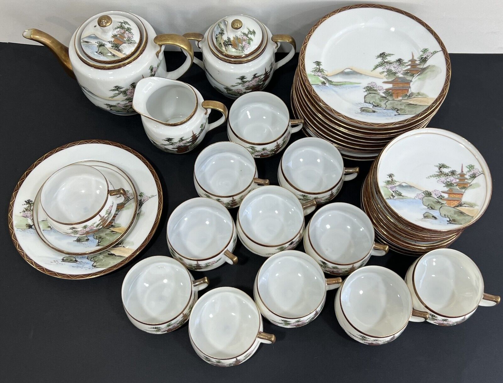 Antique Japanese, Satsuma (?), Fine Porcelain Complete Tea Set For 12, Signed