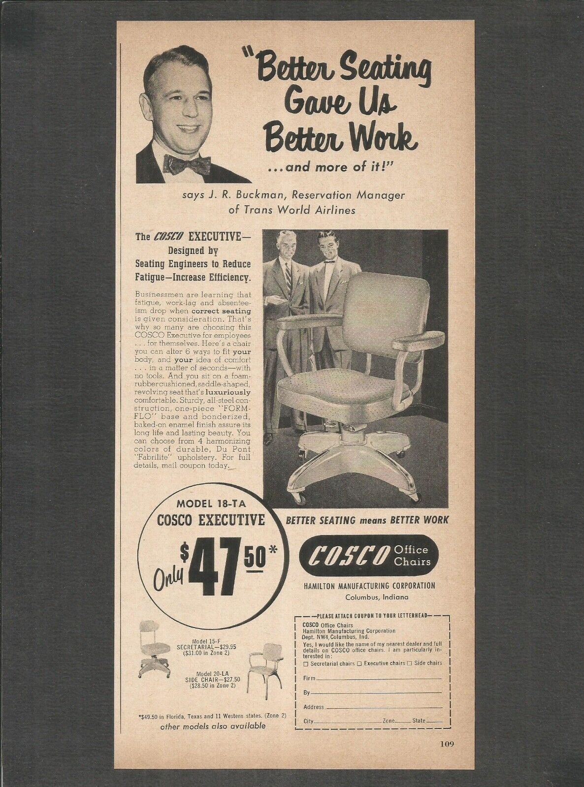 COSCO Office Chairs - The COSCO Executive Model 19 T A - 1953 Vintage Print Ad