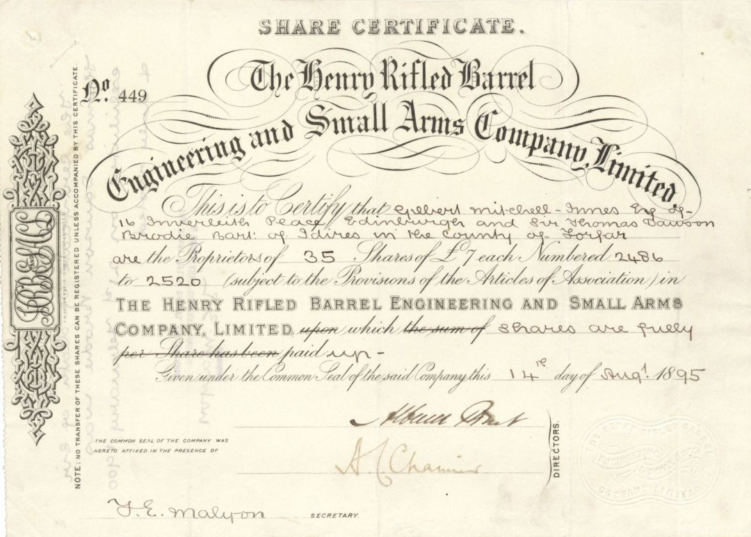 Henry Rifled Barrel Engineering and Small Arms Co., Limited dated 1895 - Stock C