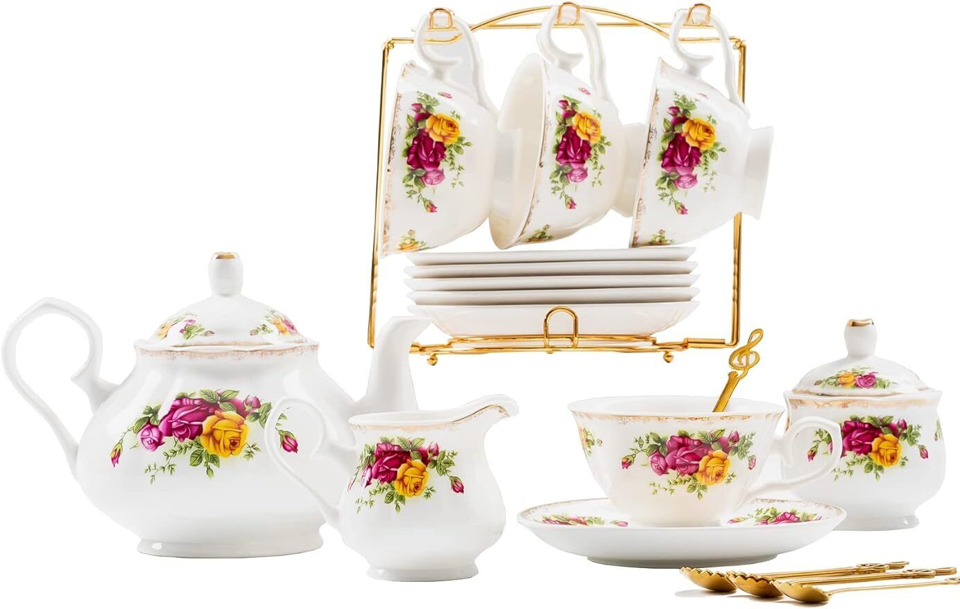 22-Pieces Porcelain Tea SetVintage Floral Tea Gift Sets,Cups&SaucerService for 6