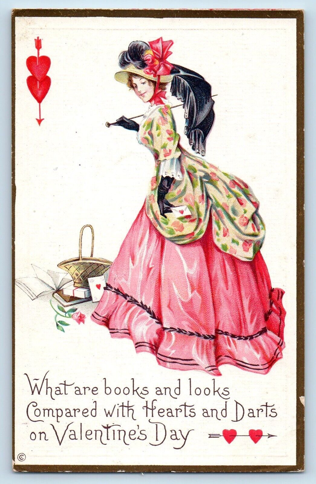 Valentine Postcard Pretty Woman Hearts And Darts Embossed c1910\'s Antique