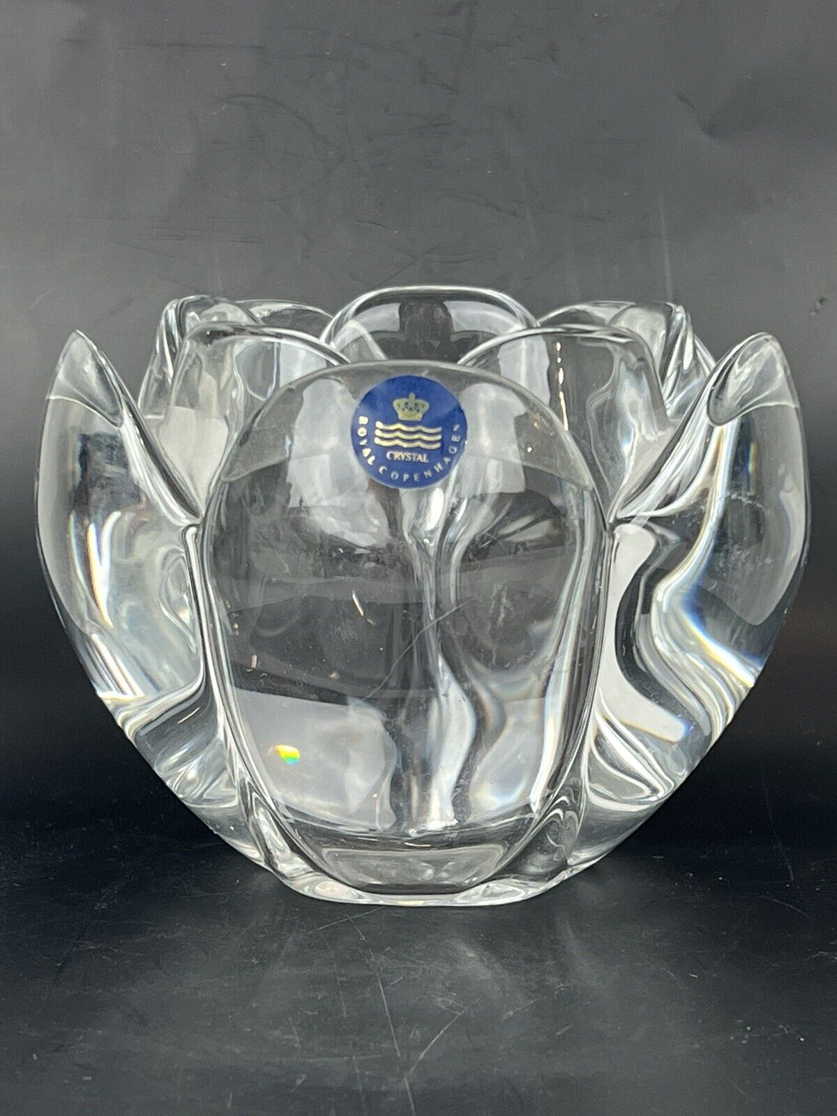 Royal Copenhagen Crystal Votive Lotus Clear Candle Holder with Label, 4x4x2.5 