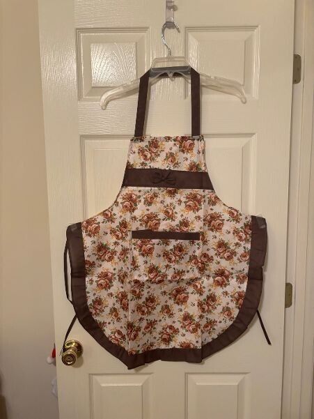 Brown Floral Halter Apron With Pockets And Decorative Ruffle Trim
