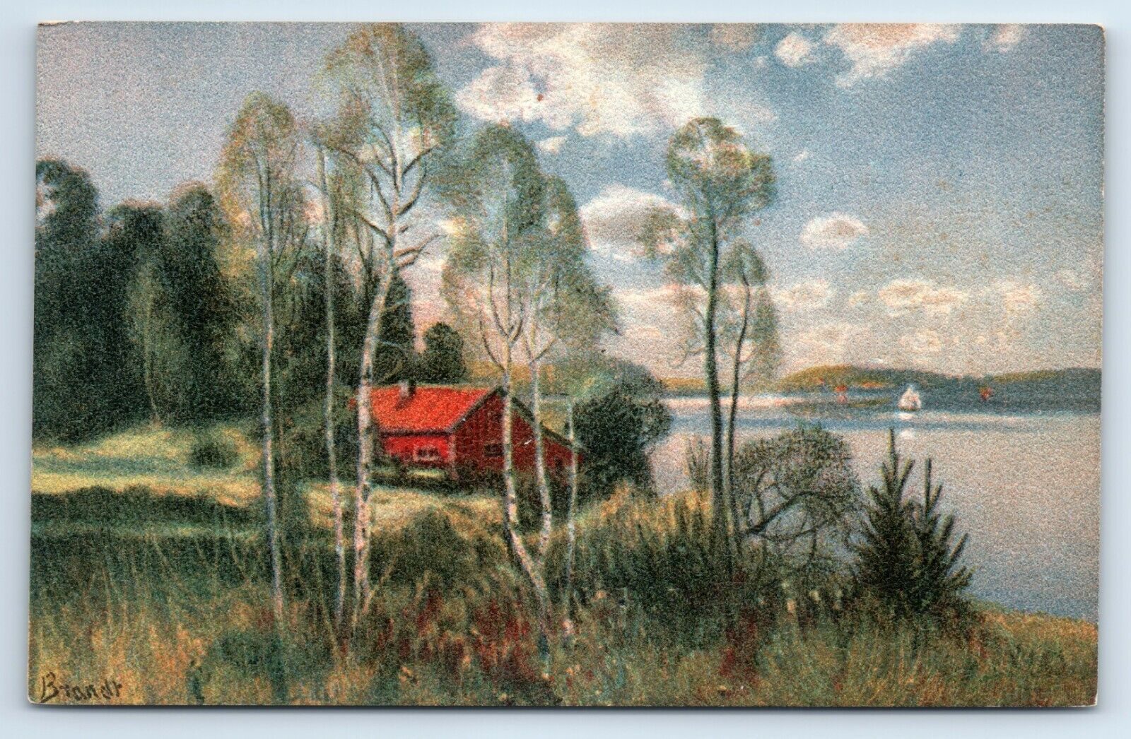 Postcard - Art Swedish Painting Red House on Serene Lake Artist Signed Brandt