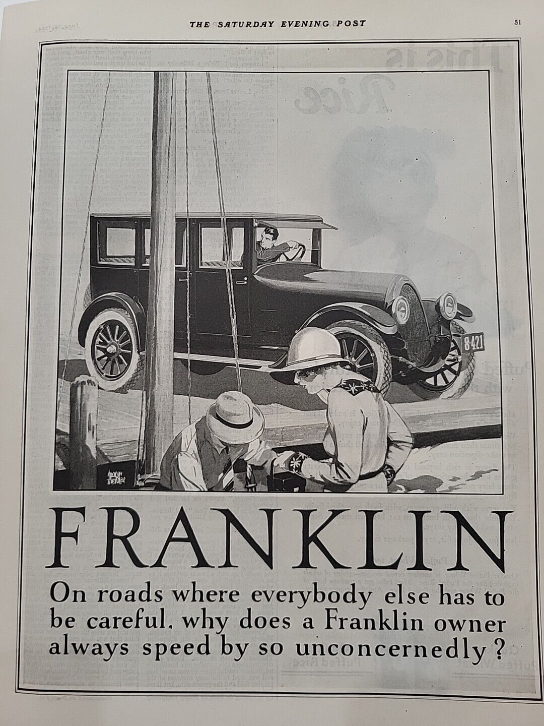 1924 Franklin Motor Car S. E. Post Print Ad Automobile Sailboat Art Deco Speed