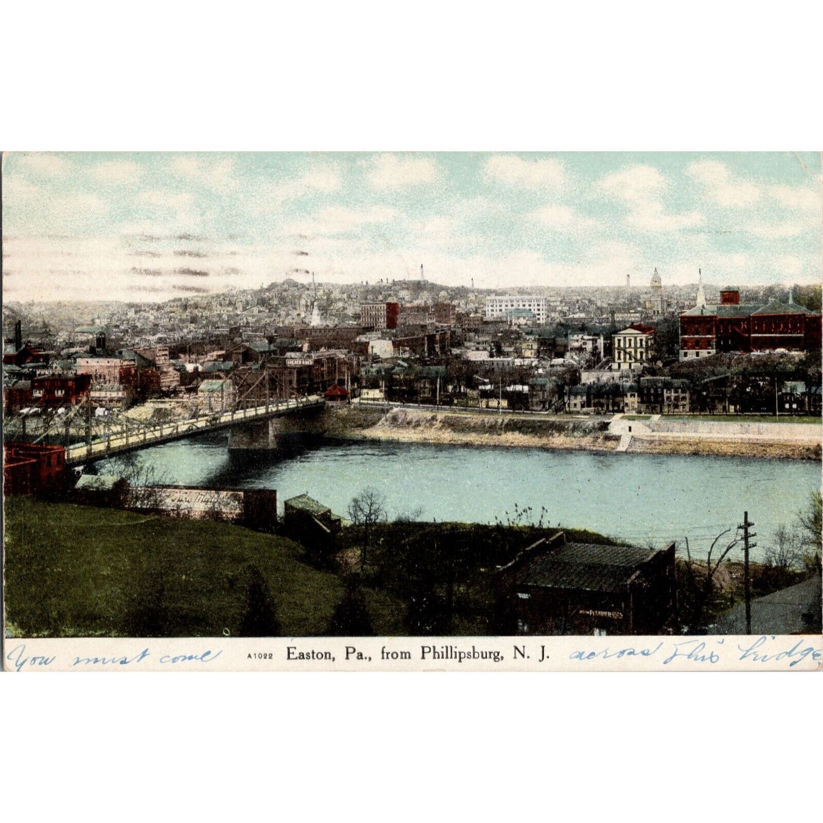 EASTON, PA - View From Phillipsburg NJ - Original 1910 Antique Postcard - Bridge