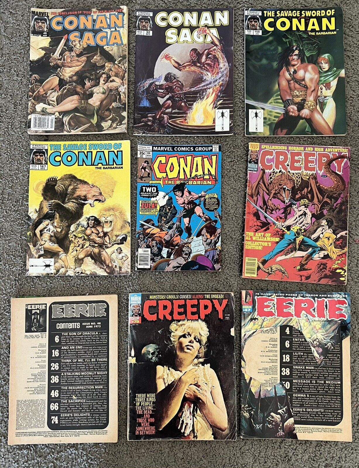 Lot Of 9 Comics- Conan, Conan Saga, Eerie, & Creepy Varying Condition As Is