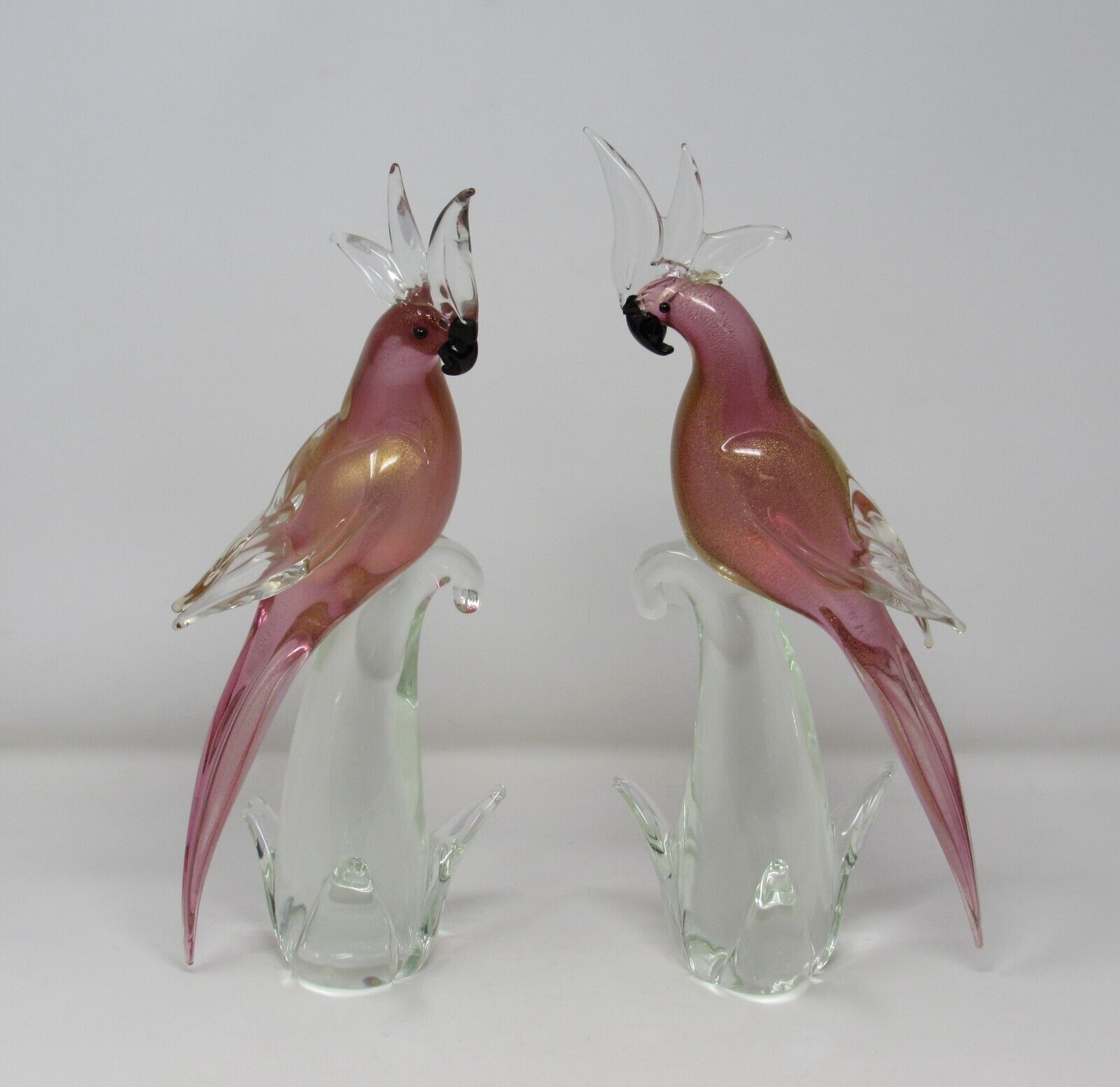 Beautiful Murano Parrots Pink & Gold Pair Art Glass Hand Blown Vintage