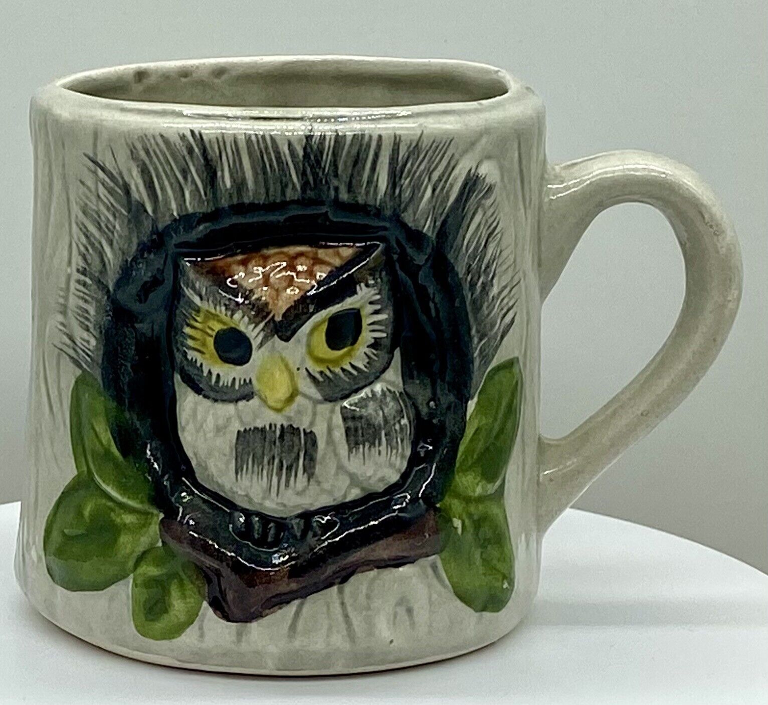 OTAGIRI Japan 3D OWL Perched in Tree Trunk Coffee Mug Cup-Hand Painted-Vintage