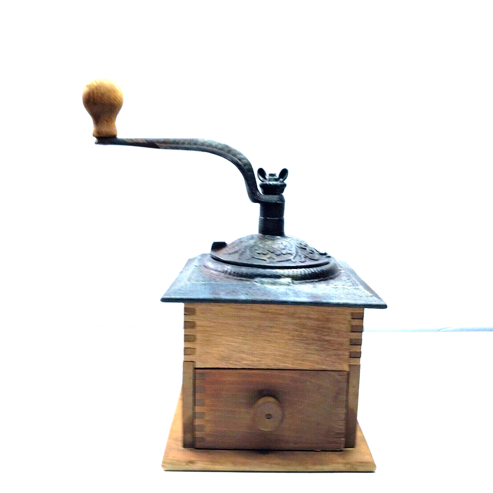Vintage Primitive Hand Crank Coffee Grinder Cast Iron & Dovetail Light Wood Base