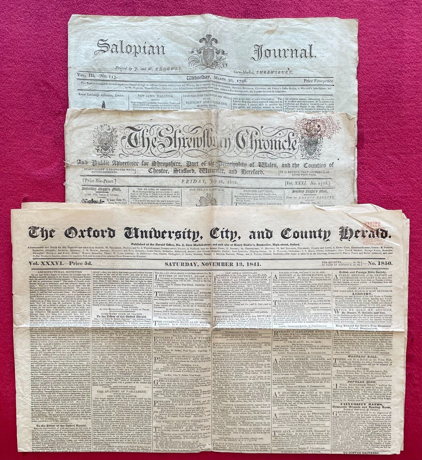 1796 SALOPIAN JOURNAL, 1802 SHREWSBURY CHRONICAL, 1841 OXFORD U. & CITY HERALD