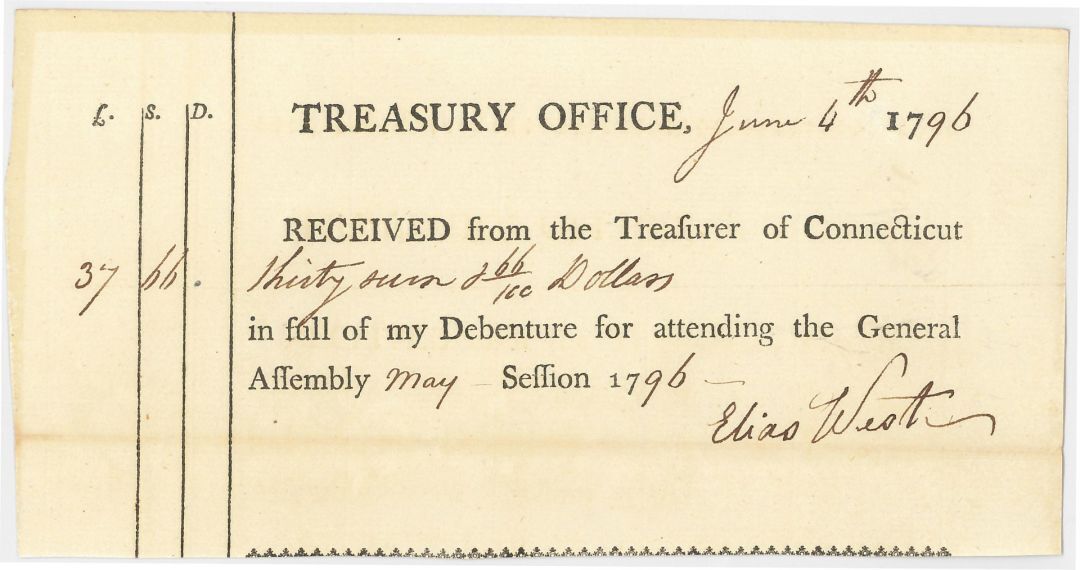 1790's dated Receipt from Treasurer of Connecticut - Connecticut - American Revo