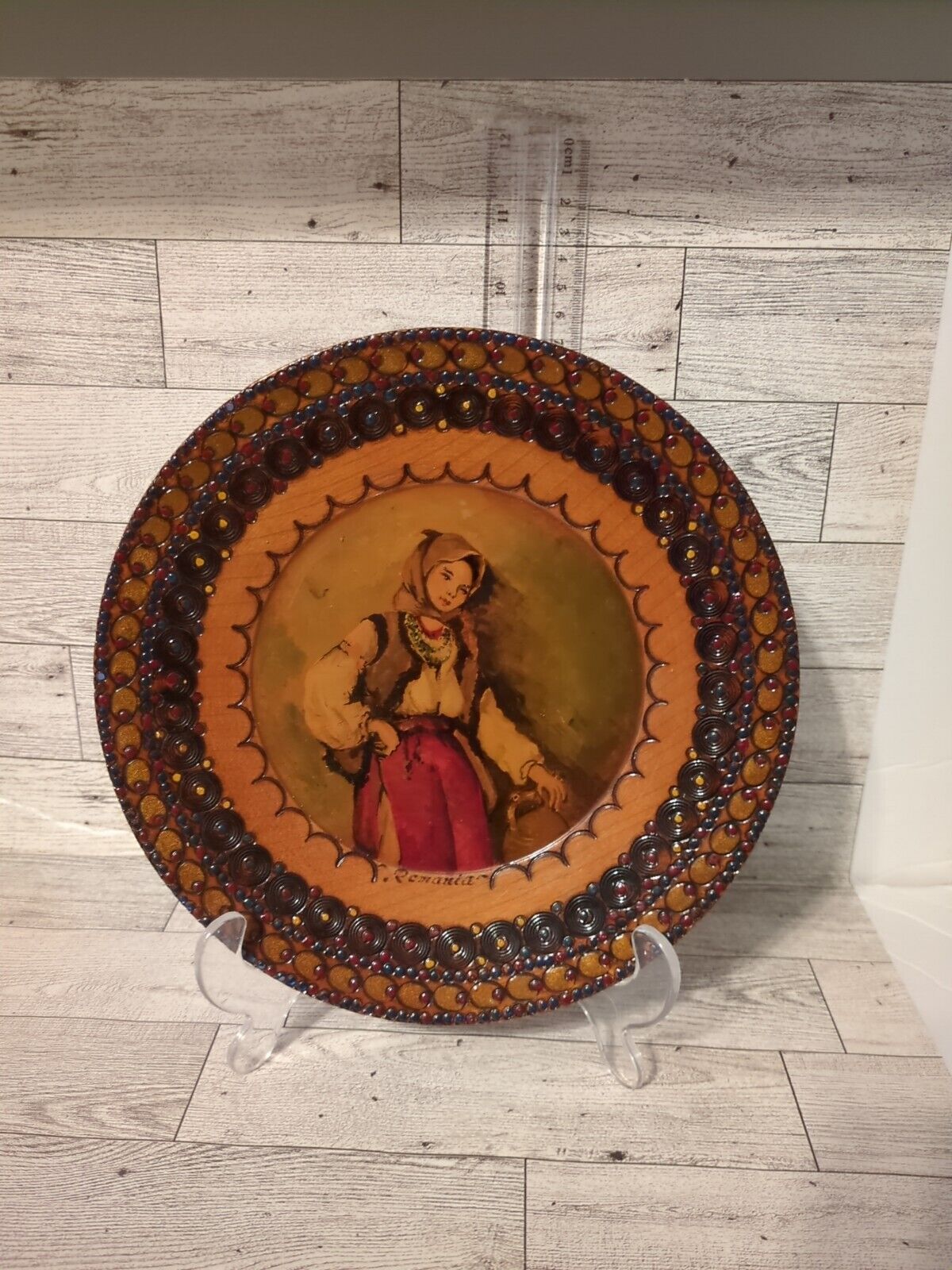 Vintage Romanian Hand Carved Hand Painted 9” Round Wooden Plate Stand Not Includ
