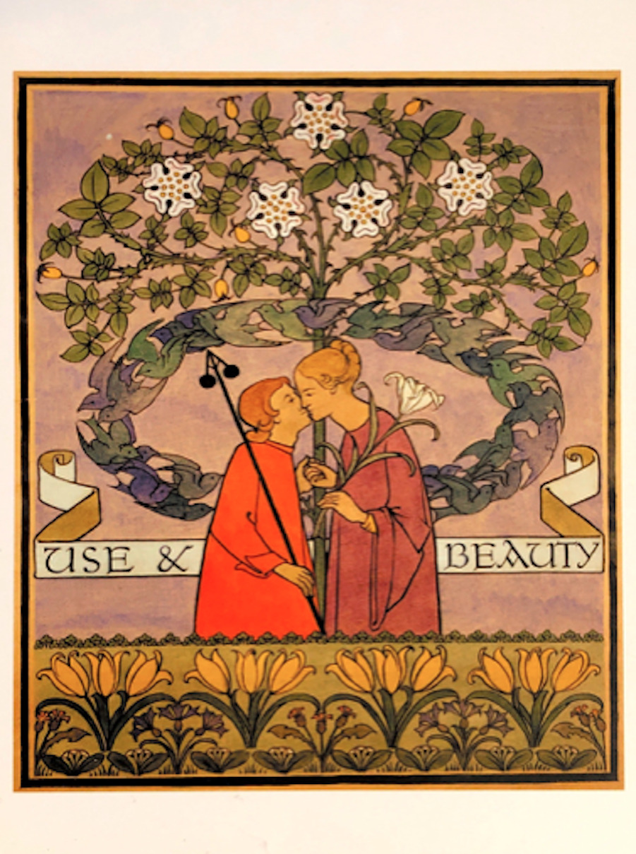 Postcard: CFA Voysey Arts & Crafts- Use & Beauty, kiss under a tree, lily