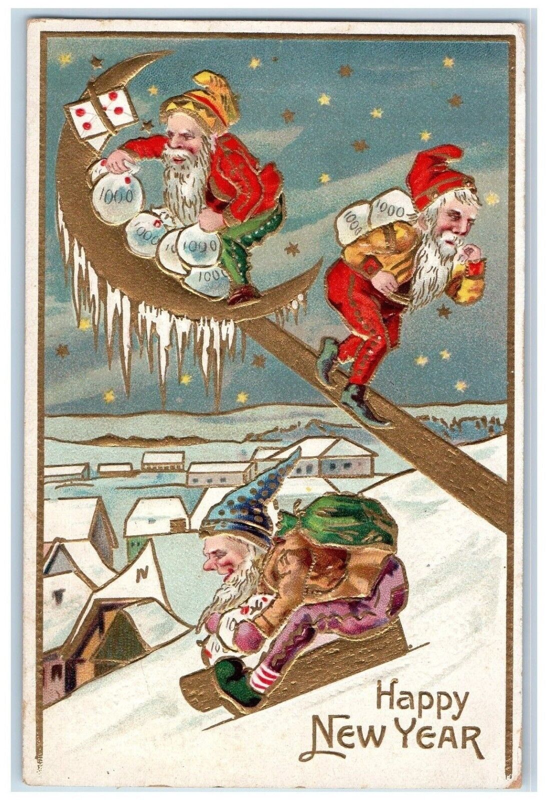1907 New Year Elves Gnomes Escaped Coins Crescent Moon Stars Embossed Postcard
