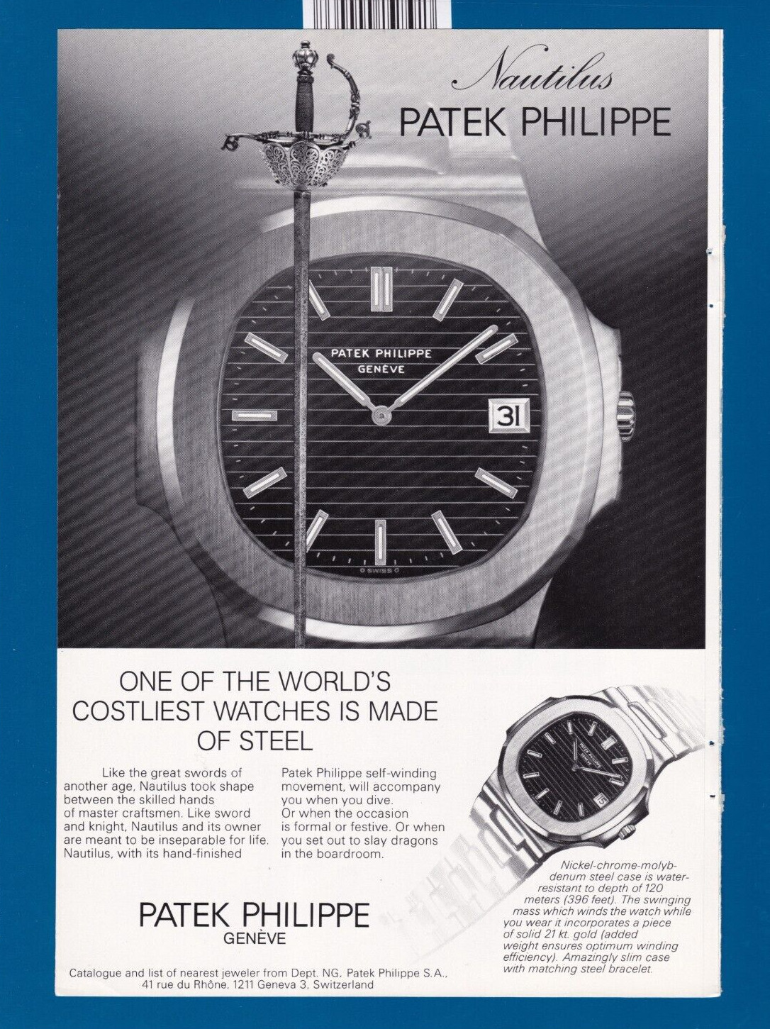 Patek Philippe Nautilus Watch Made Of Steel Original 1977 Vintage Print Ad 