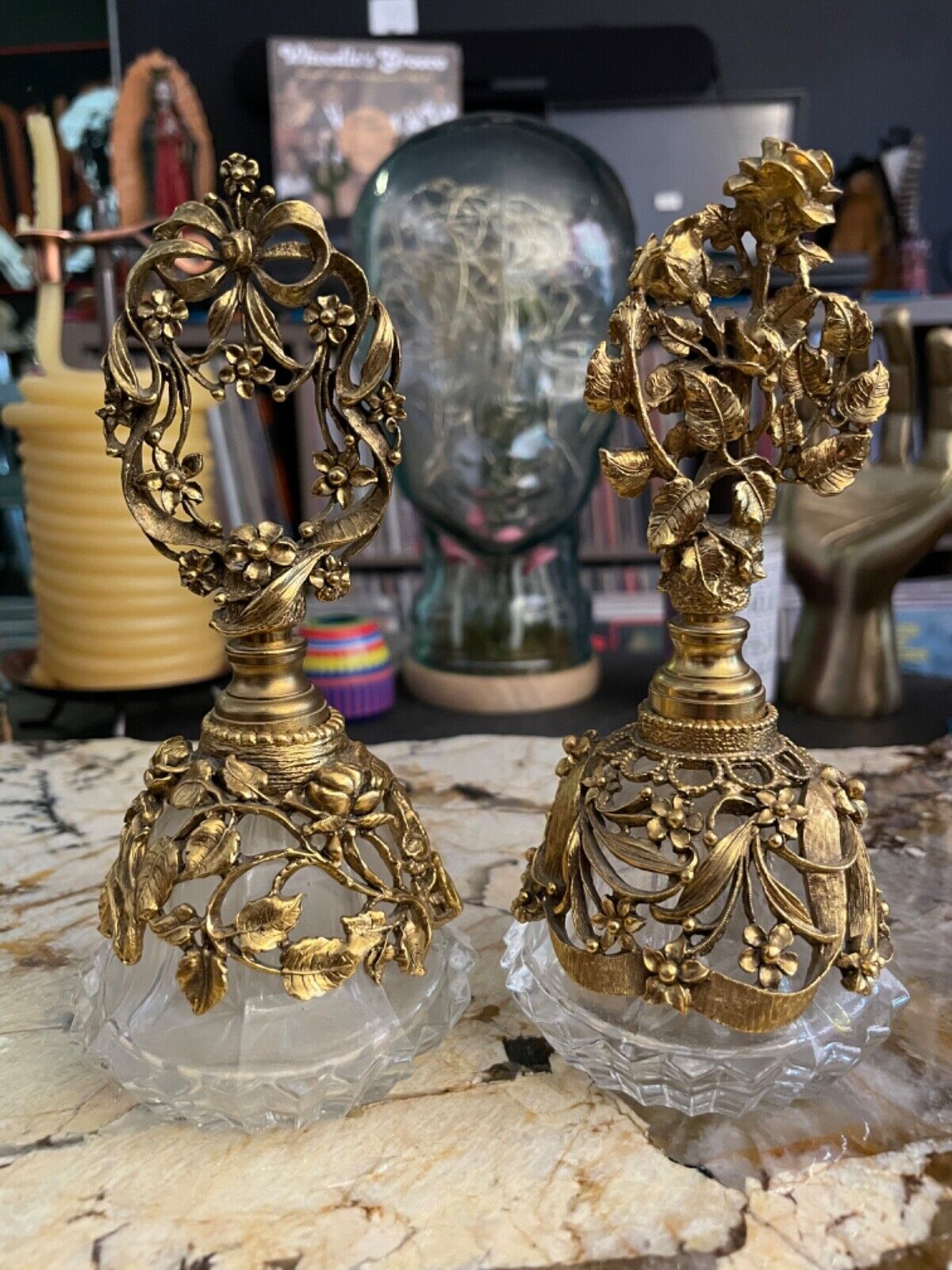 Two Elegant Antique Matson Marked Perfume Bottles Gold/Brass Filigree Glass Daub