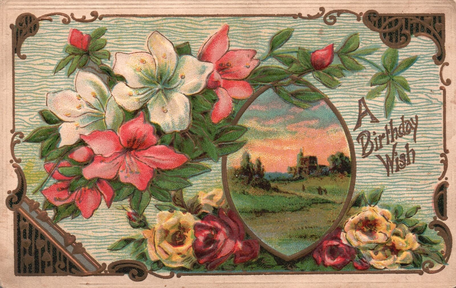 Vintage Postcard A Happy Birthday Wish Landscape Flowers Calligraphic Border