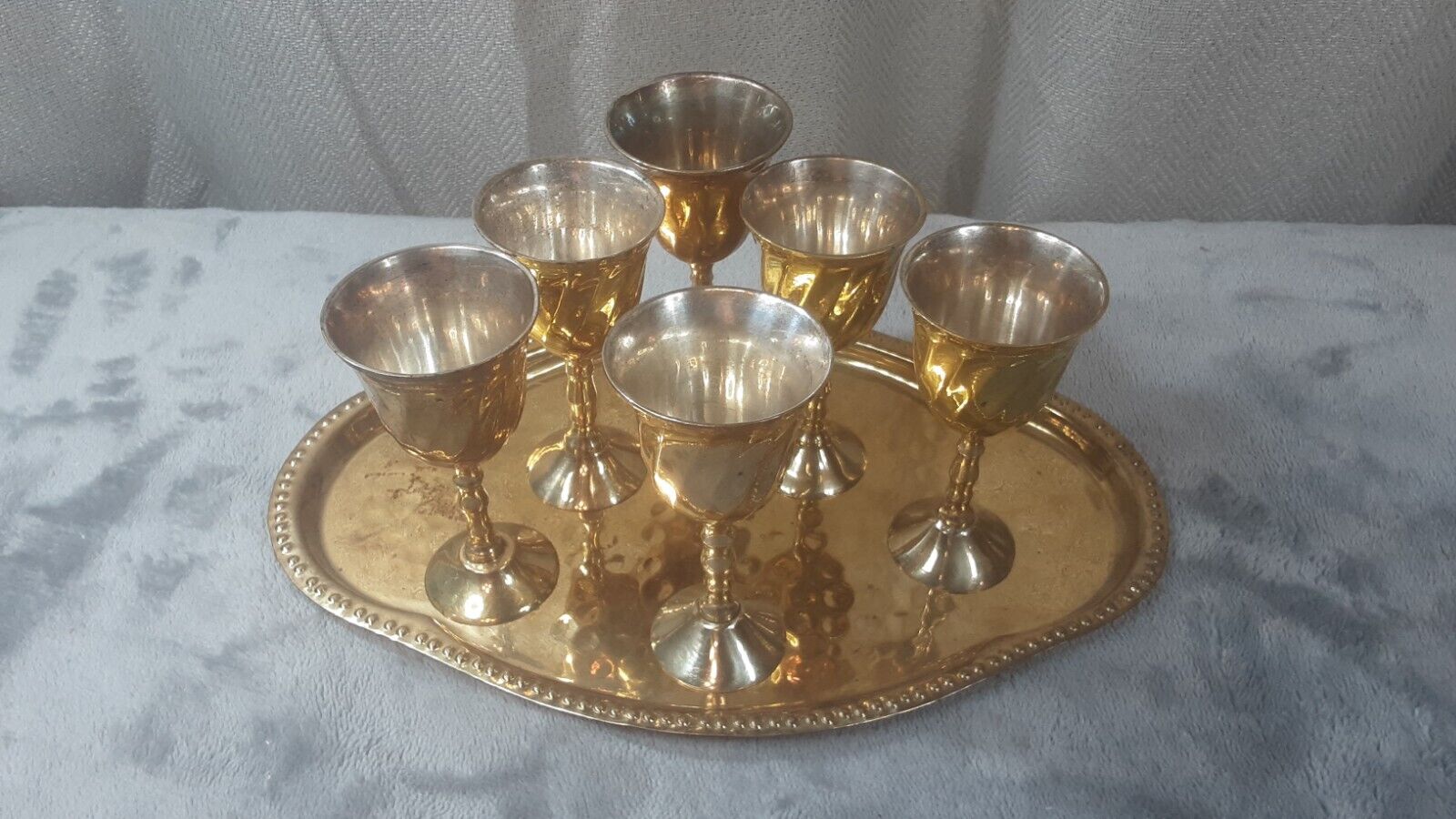 Vintage Silver Lined Brass Mini Chalice Goblet Set of 6 w Hammered Brass Tray