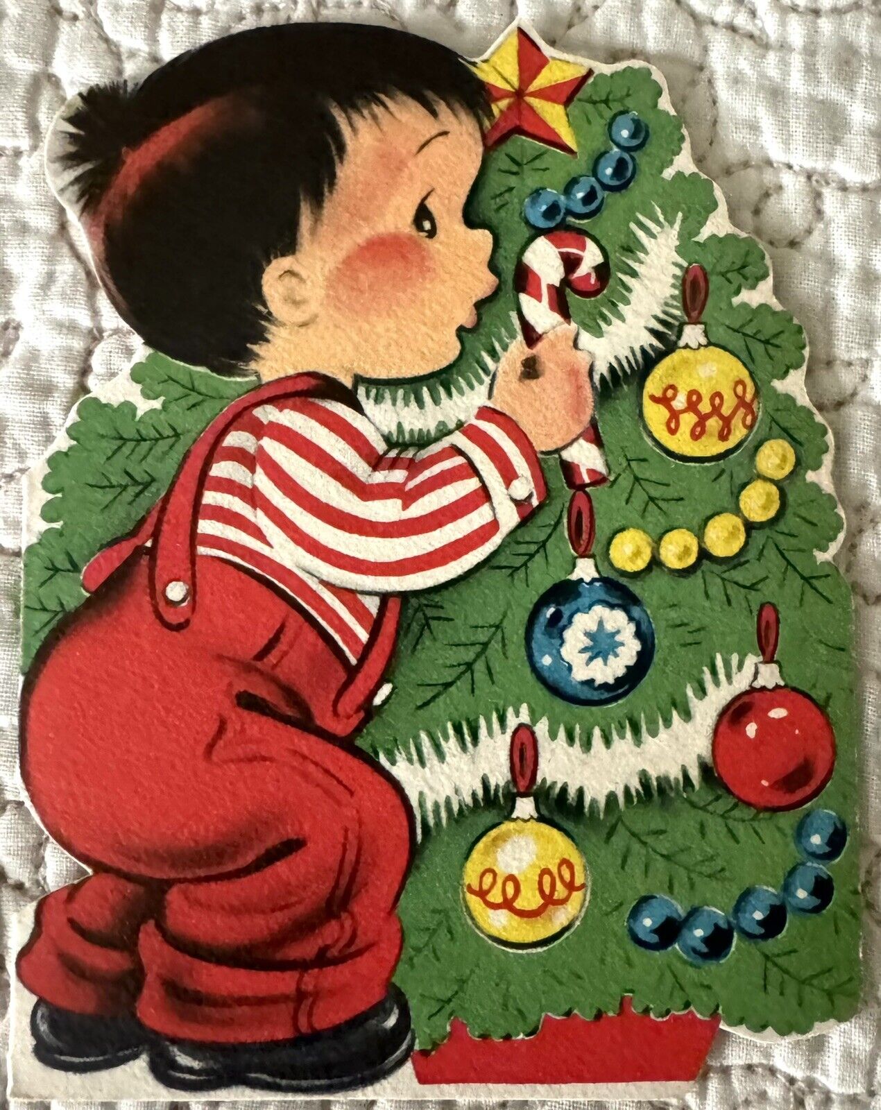 Unused Christmas Boy Decorate Tree Candy Cane Vtg Greeting Card 1950s 1960s