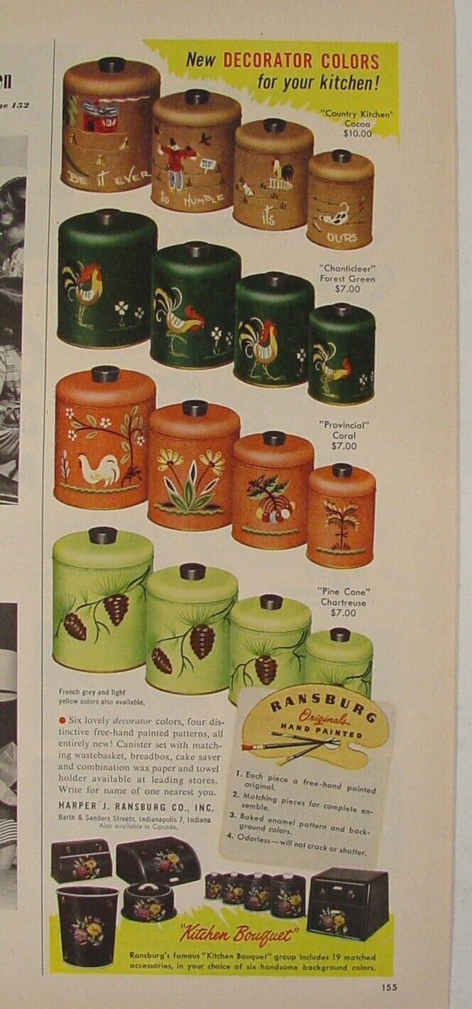 1954 RANSBURG Handpainted Kitchen Cannisters 4 Patterns Mid-Century Mod Print Ad