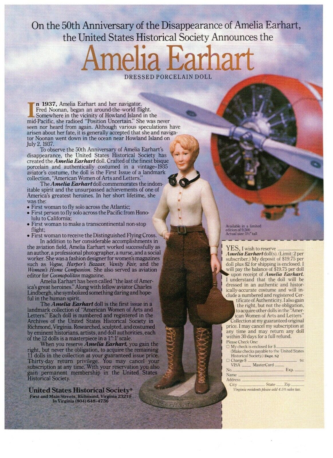 1989 Amelia Earhart Porcelain US Historical Society Vintage Print Advertisement