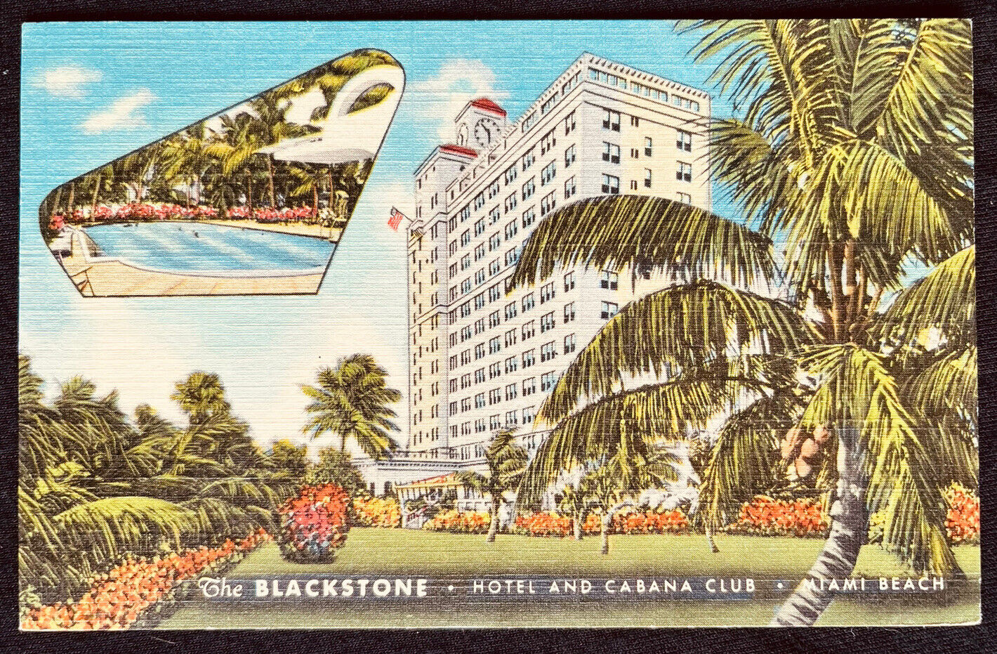 Miami Florida Blackstone Hotel Cabana Club Swim Pool Vintage Postcard c1950