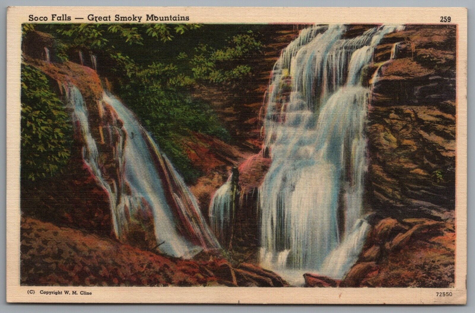 Great Smoky Mountains Soco Falls Cherokee Indian Reservation c1940s Postcard