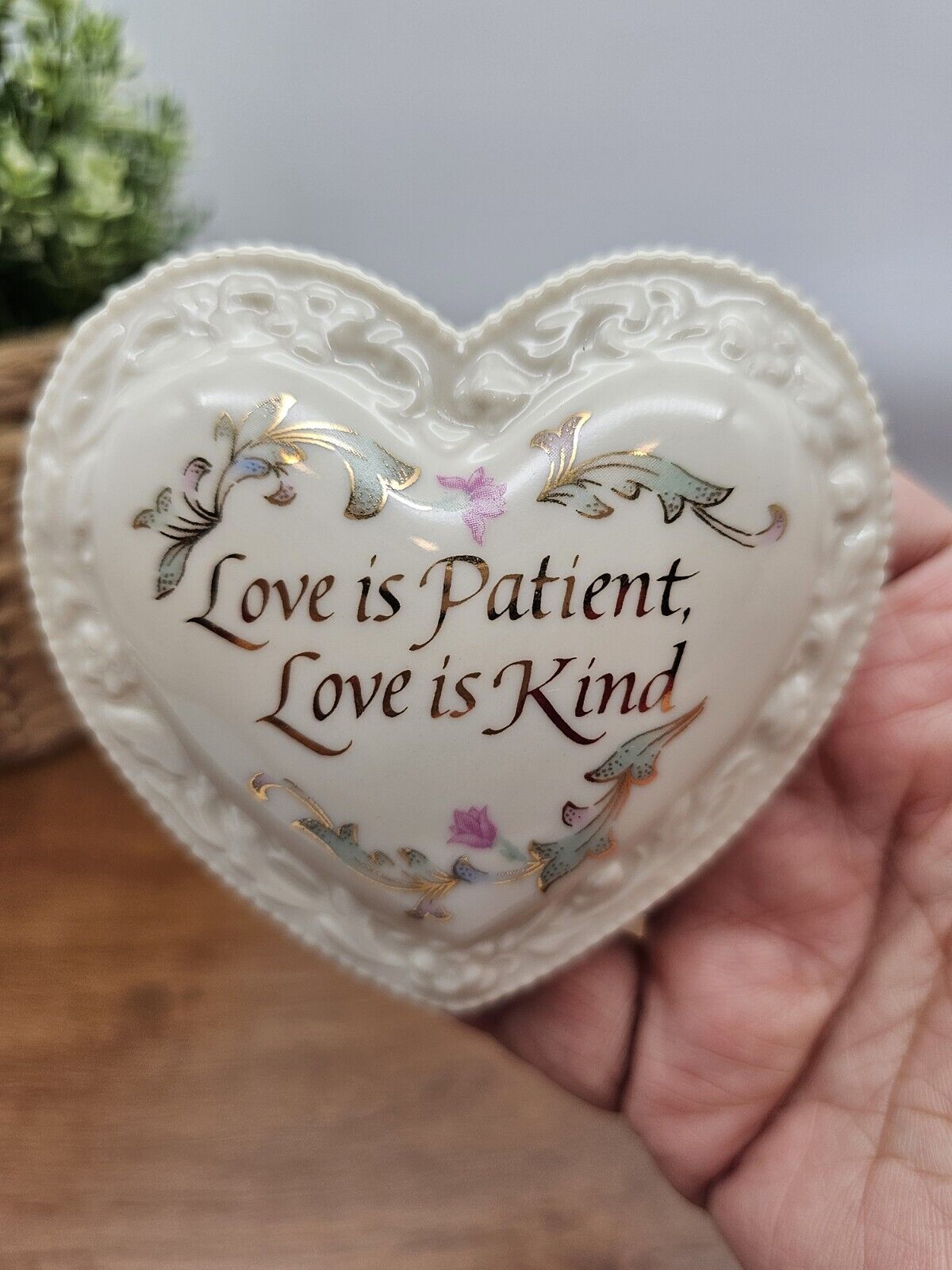 Vintage Lenox Heart Shaped Love is Patient, Love is Kind Porcelain Trinket Box