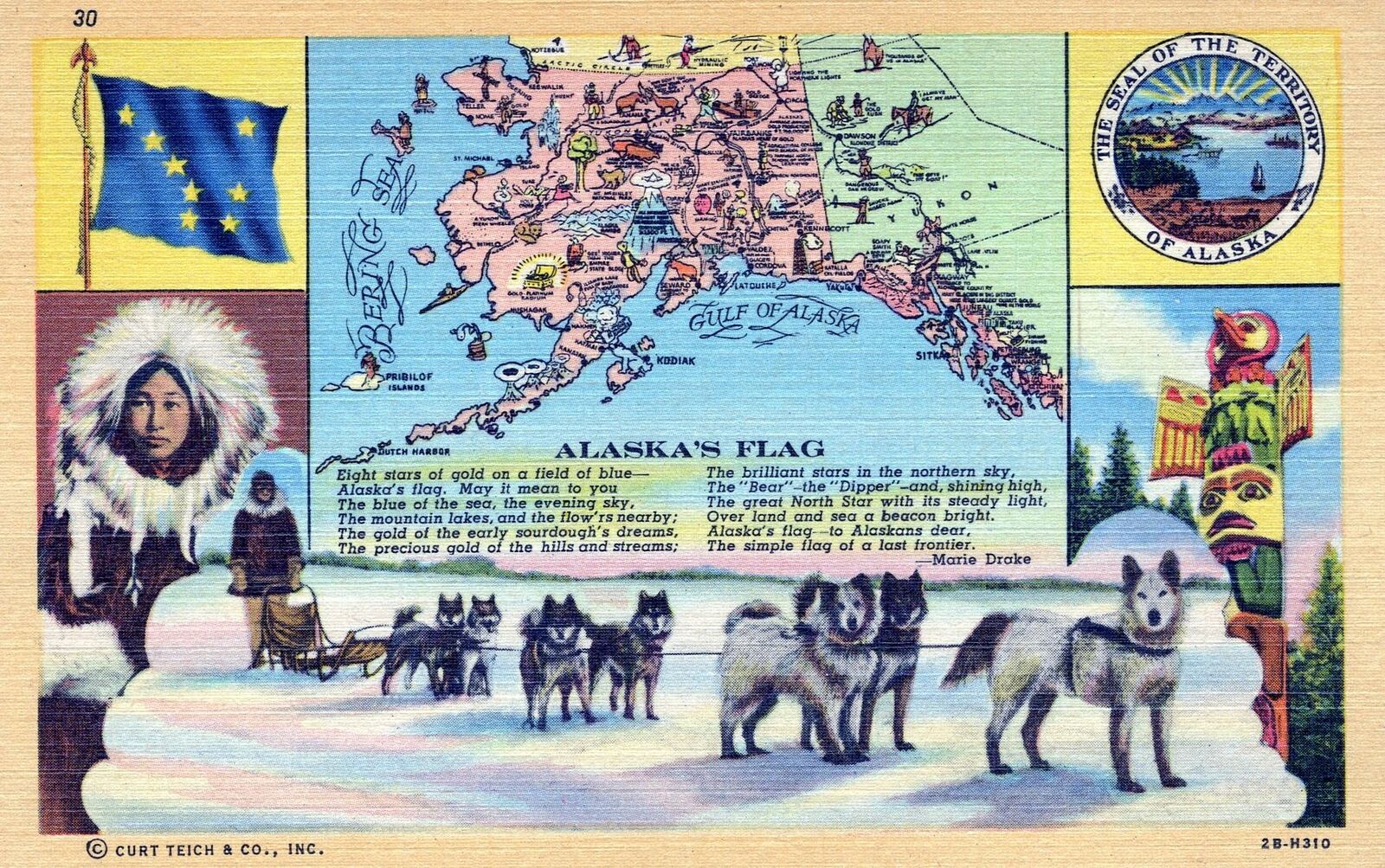 ALASKA AK - Alaska\'s Flag, Map And Sled Team Postcard