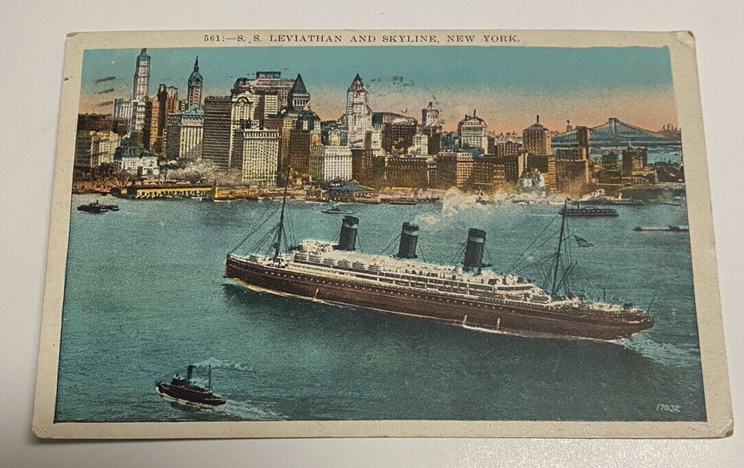 1928 S.S. Leviathan Ship New York City Skyline Postcard  O