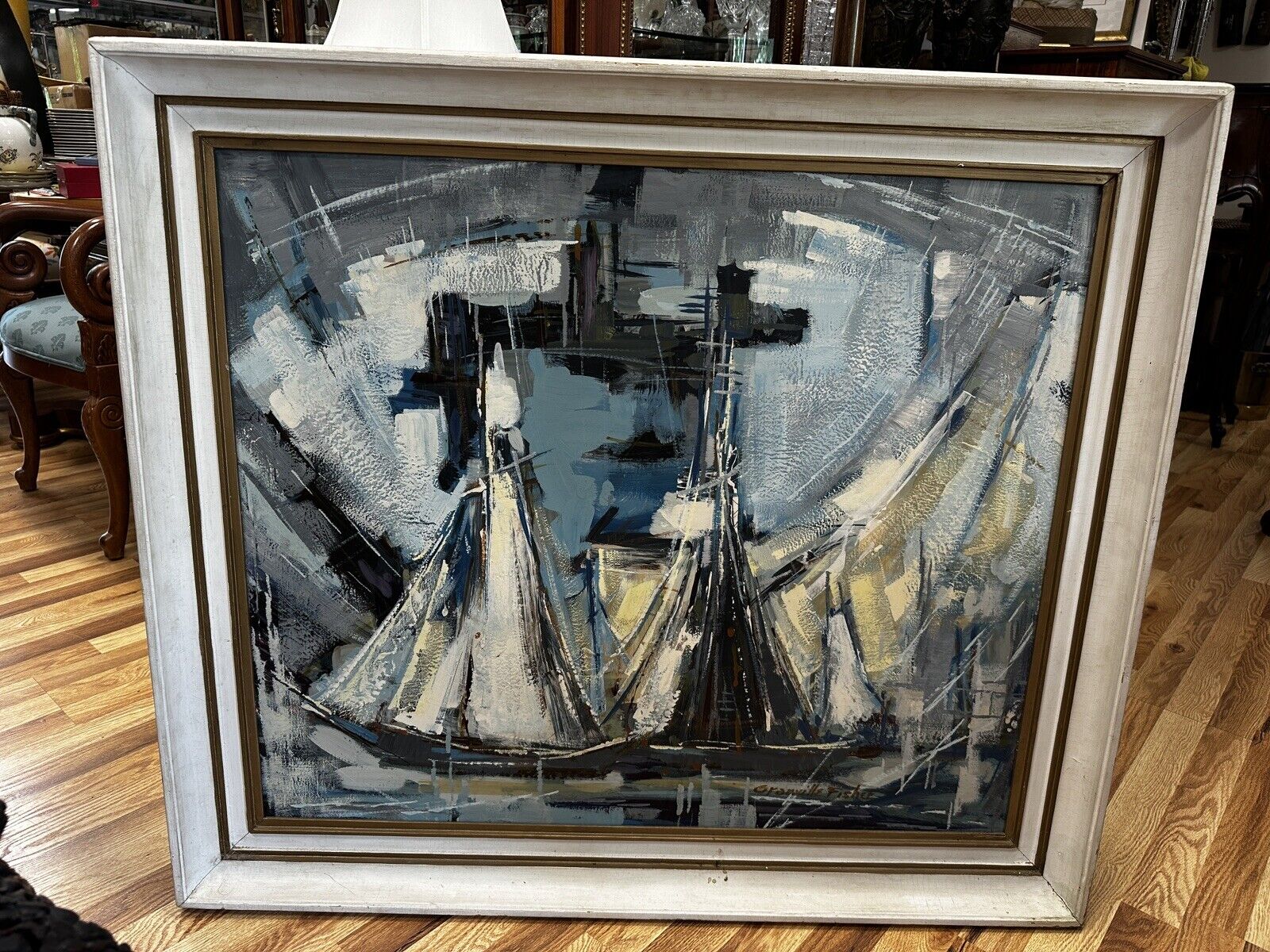 Vintage Mid Century Framed Abstract Seascape Nautical Sailboat  Granville Fisher