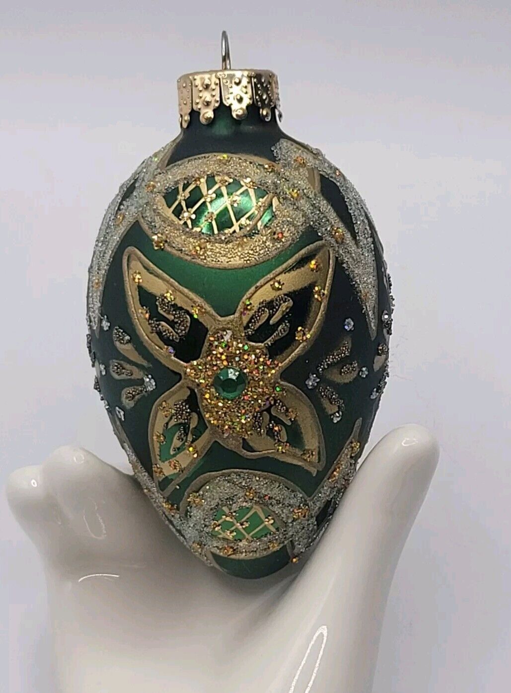 Vintage UT Blown Glass Green Ornate Gold/Gems DetaiIs Imported Ornament 1980s