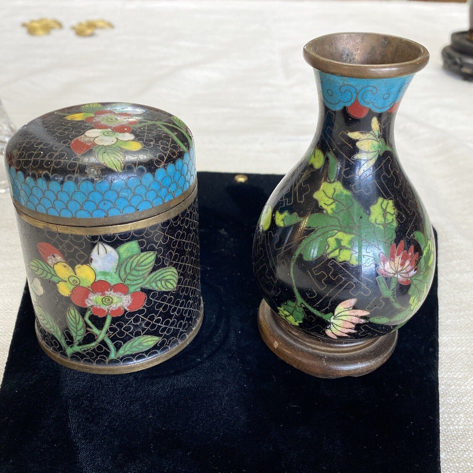 ANTIQUE 1910 CLOISONNE Ginger JAR And Vase GREEN Floral