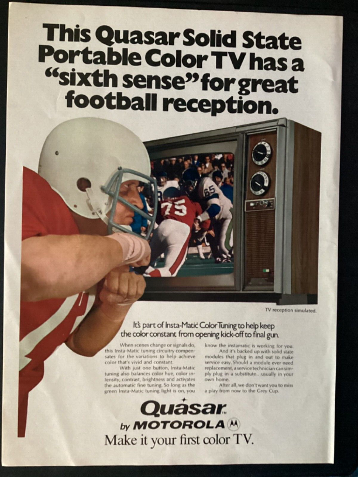 Quasar Motorola First Color TV FOOTBALL Theme Vintage Magazine Ad FL1