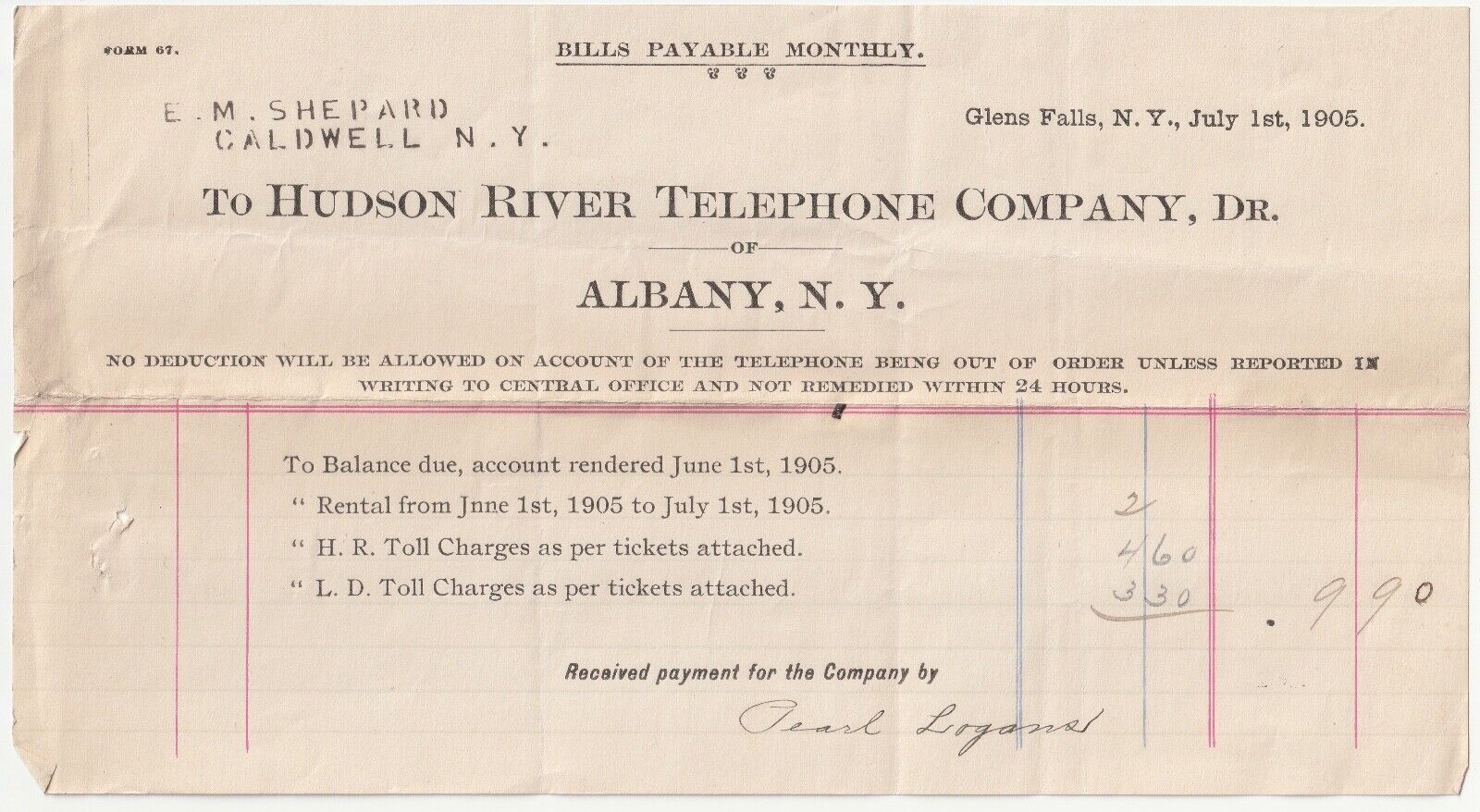 1900s 1905 Hudson River Telephone Co. Albany NY Antique Billhead Glen Falls
