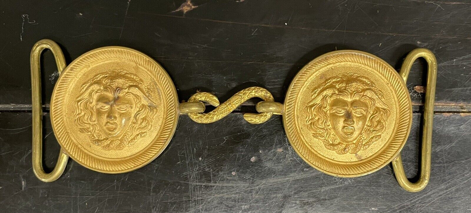 Antique Napoleonic Era Late 1800s French Navy Brass Belt Buckle Medusa w Leather
