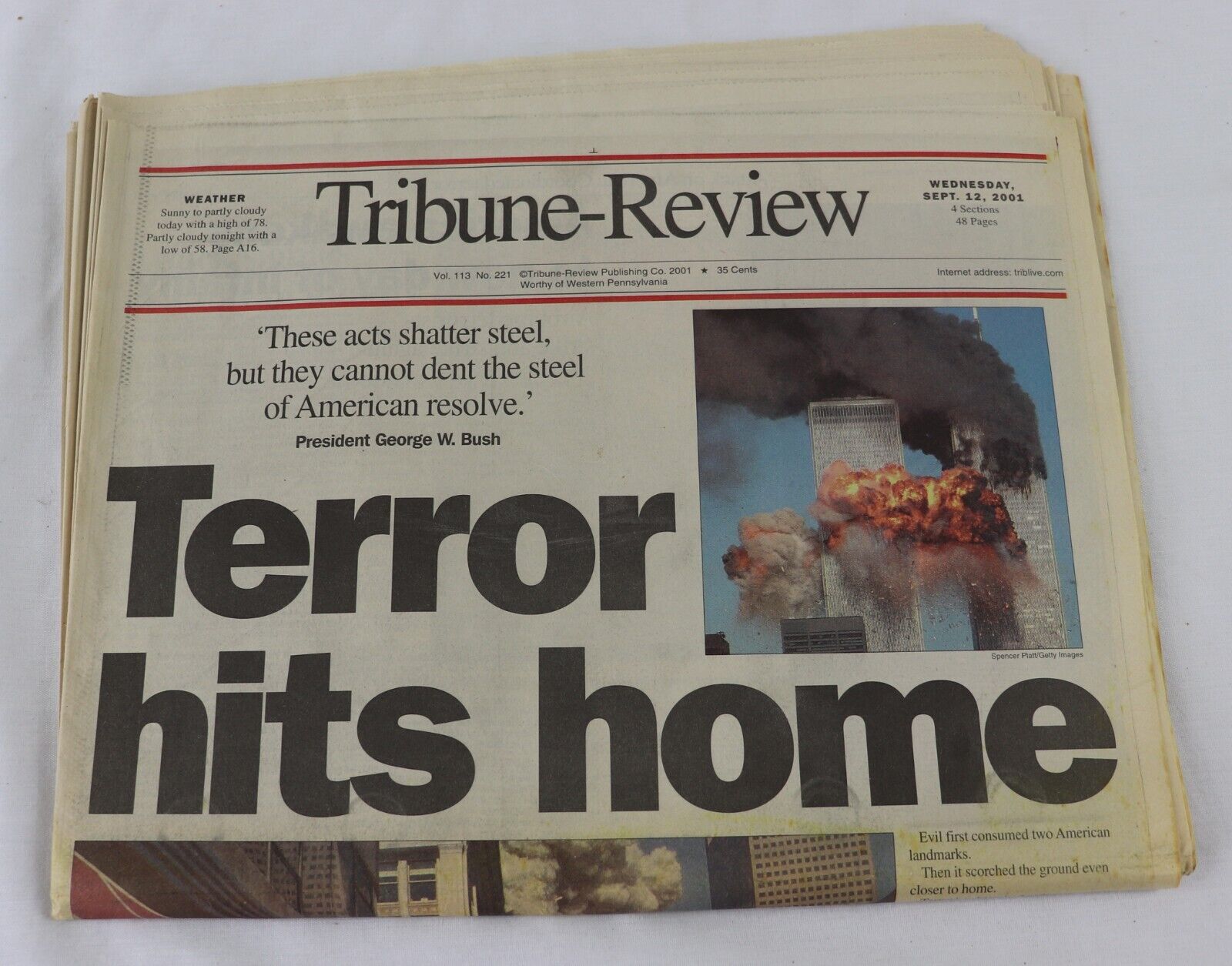 VINTAGE 9/12/01 Pittsburgh Tribune Review Newspaper September 11 2001