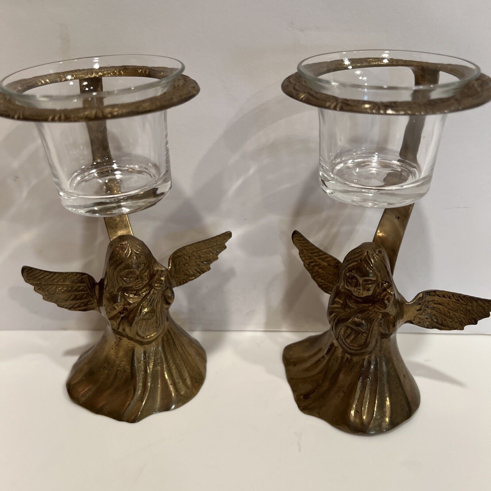 Set of 2 Vintage Solid Brass Ornate Angel Figurine Halo Candle Holder