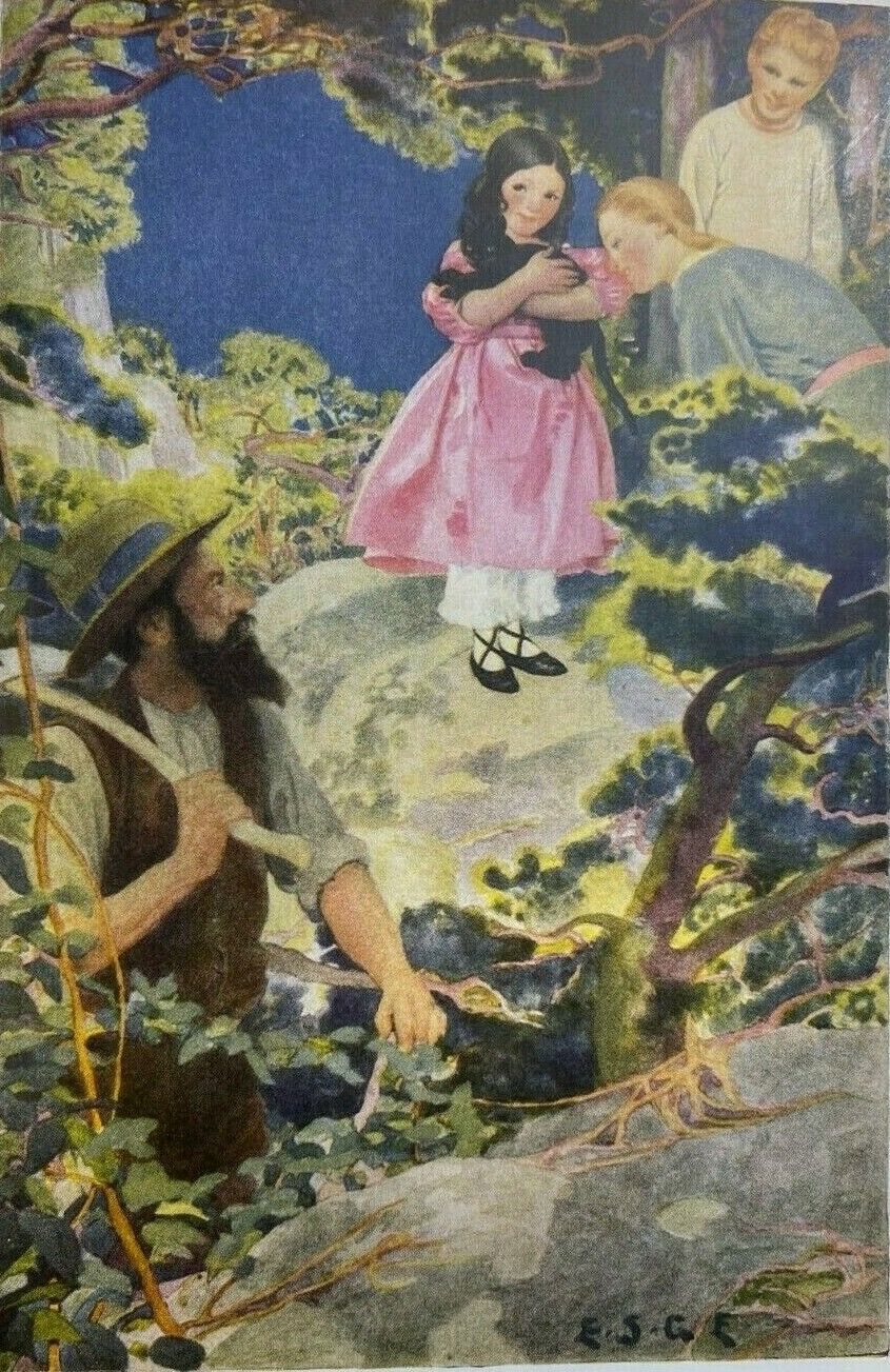1919 Vintage Magazine Illustration Children Playing With Black Cat 