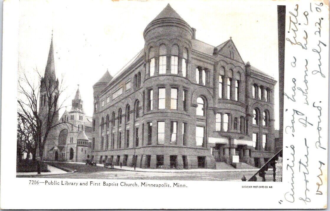 1906, Public Library and First Baptist Church, MINNEAPOLIS, Minnesota Postcard