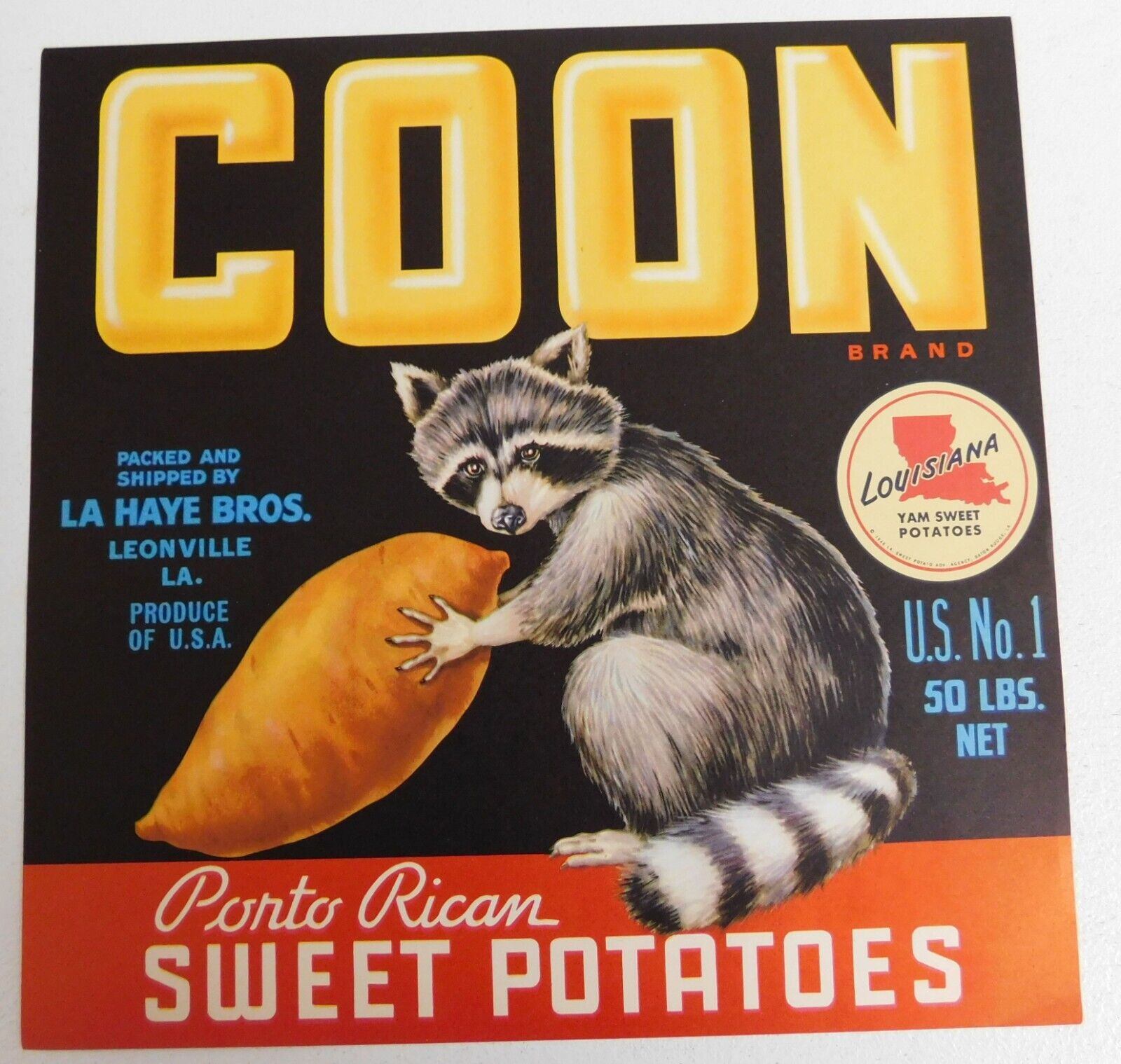 Vintage Coon Brand Louisiana Sweet Potatoes  Crate Label.