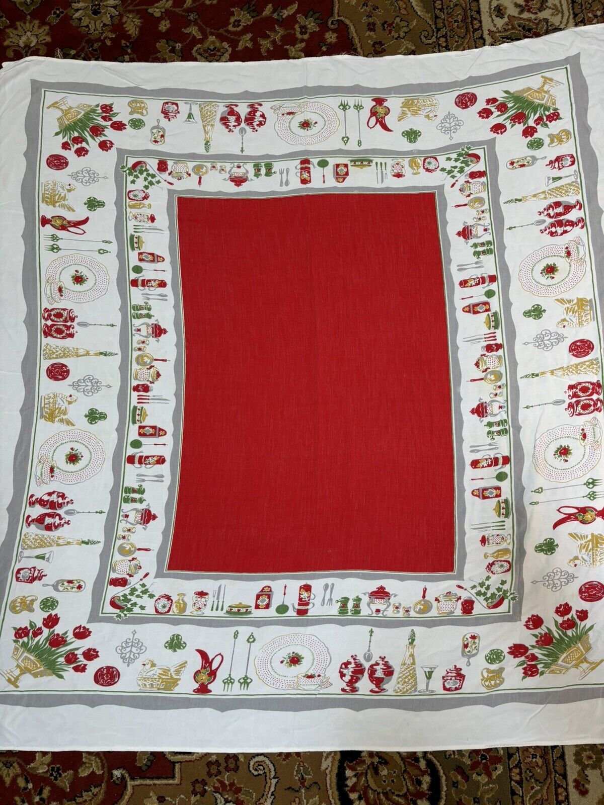 VTG 50’s Tablecloth Red Yellow Green Cotton 4ft X 4ft