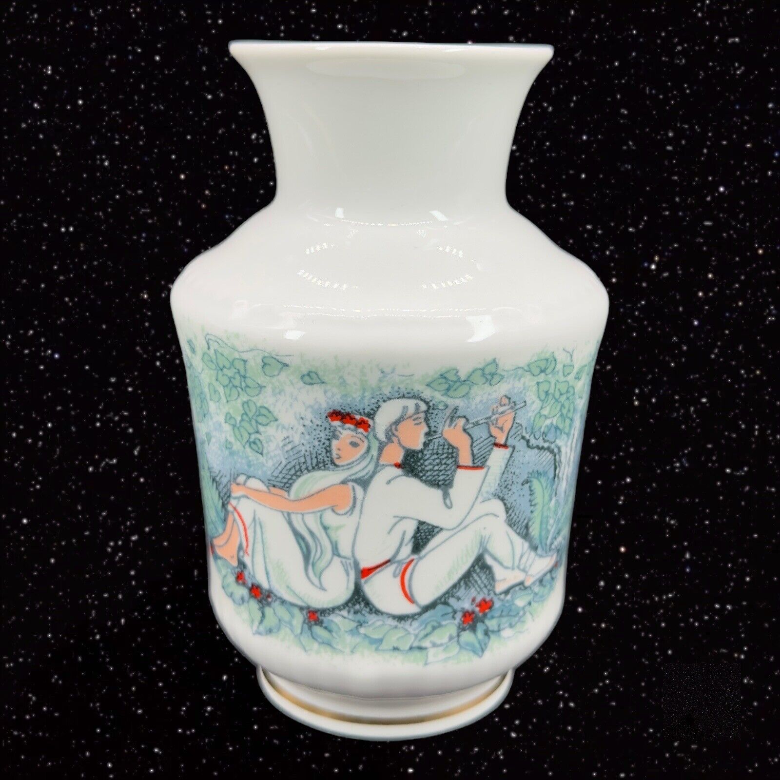 Vintage Painted Porcelain Vase With People Playing Music Marked Ceramic 5.75\